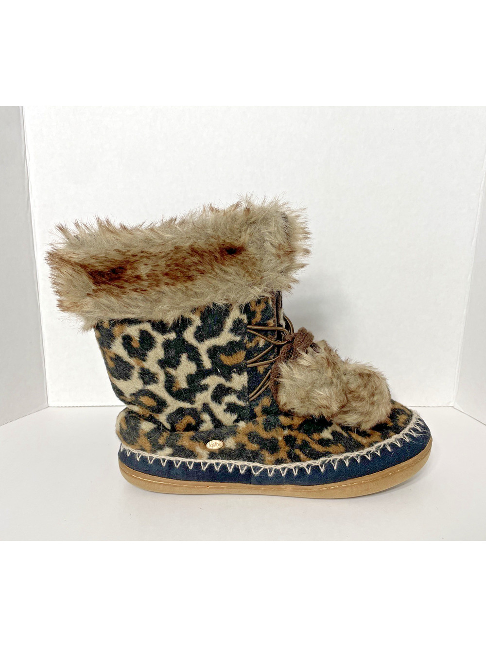 Kooba Leopard Plush Faux Fur Pom Pom Slipper Booties Size 8
